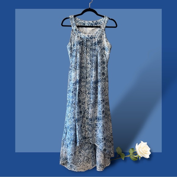 L’Atelier Blue & White Geometric Floral Print Sleeveless Hi-Low Dress - Picture 6 of 16